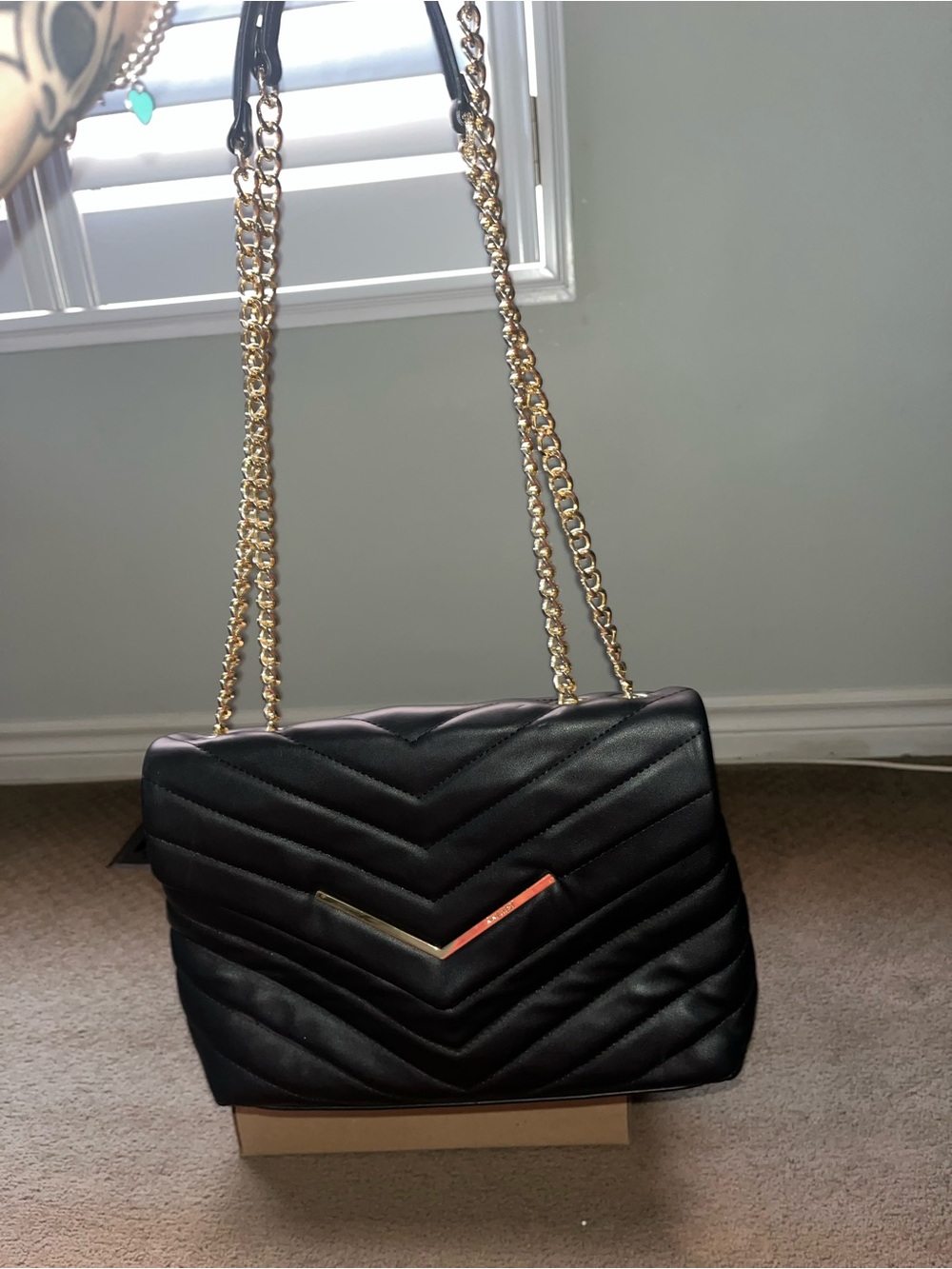 Aldo Black Quilted Crossbody Bag with Gold Chain